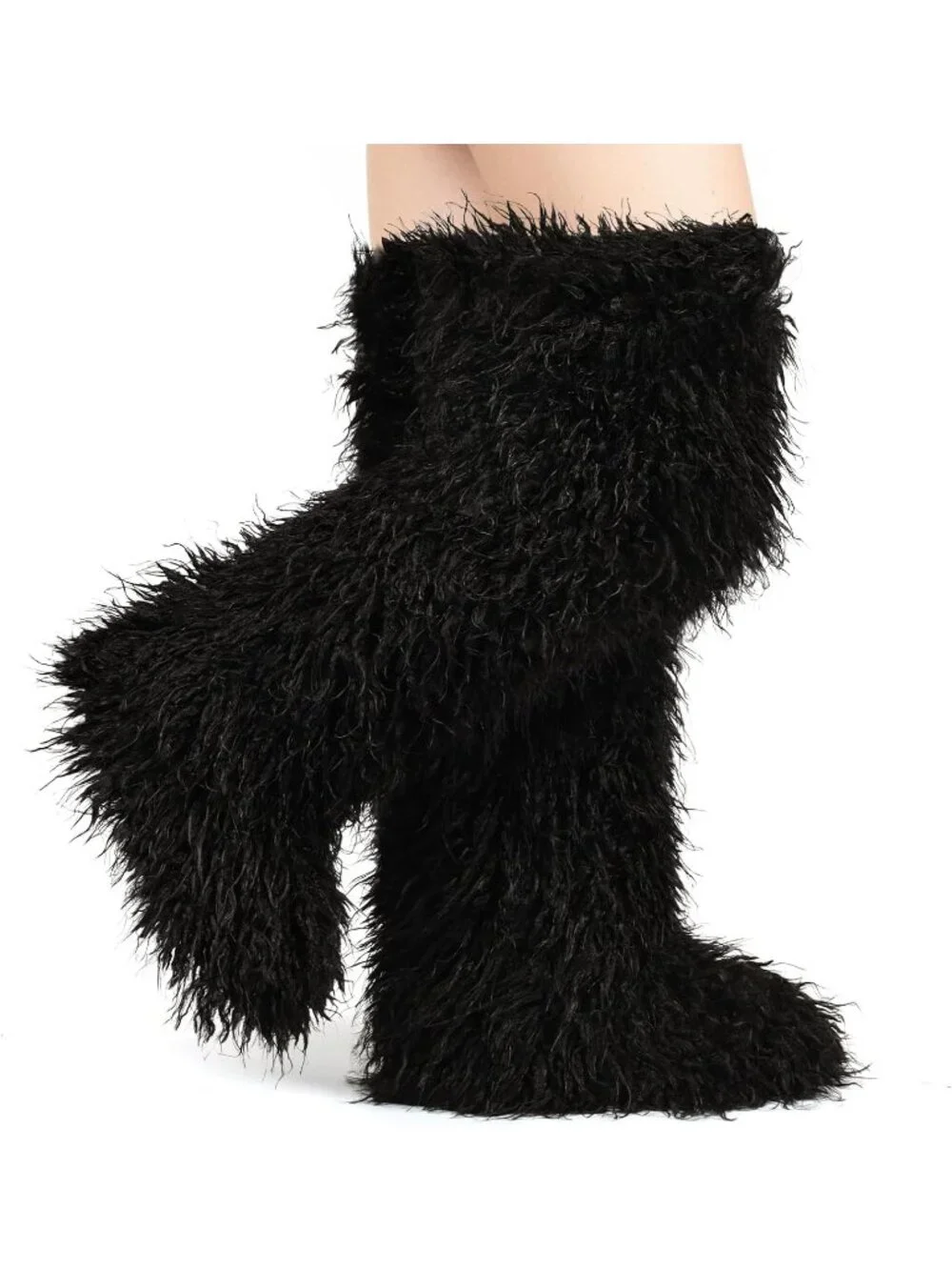 Women's Black Shaggy Faux Furry Fuzzy Fluffy Flat Knee-High Slouchy Snow Boot